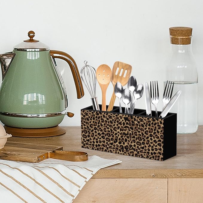 Trendy Retro Leopard Print Pen Pencil Holder for Desk, Funky Cheetah Wooden Box Office Desk Accessories, Leopard Print Pen Holders Organizer for Women, Cheetah Room Decor