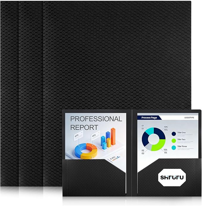 Textured 2 Pocket Plastic Folders, Durable Letter Size File Folders with Business Card Slot, Heavy Duty Plastic Folders for School Office (24 Pack, Black)