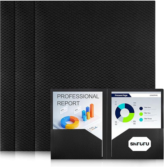 Textured 2 Pocket Plastic Folders, Durable Letter Size File Folders with Business Card Slot, Heavy Duty Plastic Folders for School Office (3 Pack, Black)
