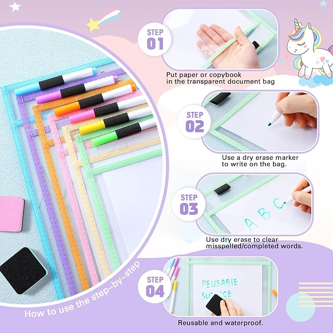 24 Pcs Dry Erase Pocket Reusable Sleeves 10" x 14" Clear Plastic Sheet Protectors with Markers and Mini Dry Erasers for Paper(Pastel)