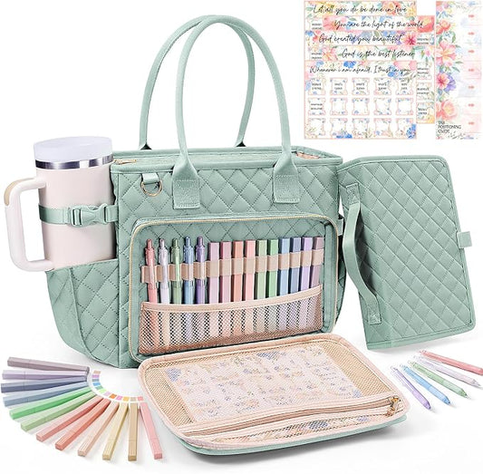 Large Bible Bag with Bible Cover Case for Women, Quilted Church Tote Bag Carrying Case w/Shoulder Strap, Bible Study Supplies Journaling Kit Accessories, Christian Gift for Women Mom Friends Teacher