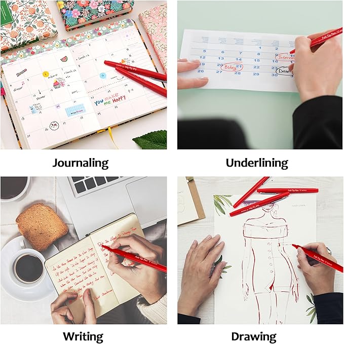 Lelix Felt Tip Pens, 40 Red Pack, 0.7mm Medium Point, Felt Tip Markers Pens for Journaling, Writing, Note Taking, Planner, Perfect for School Office and Art Supplies