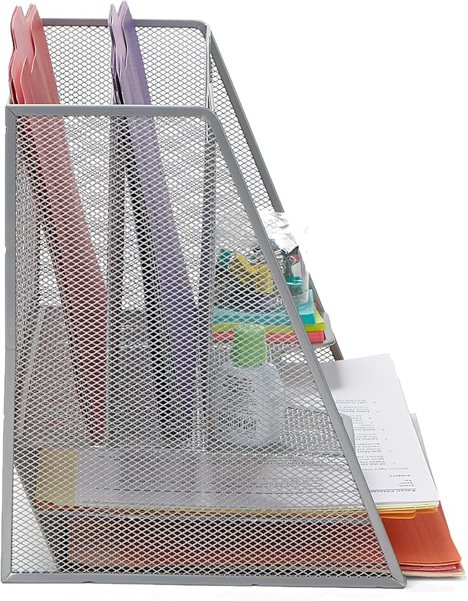 Mind Reader Metal Mesh Desktop File Organizer, 3-Tier Paper Tray with 5 Compartments, Office Mail Sorter, Silver