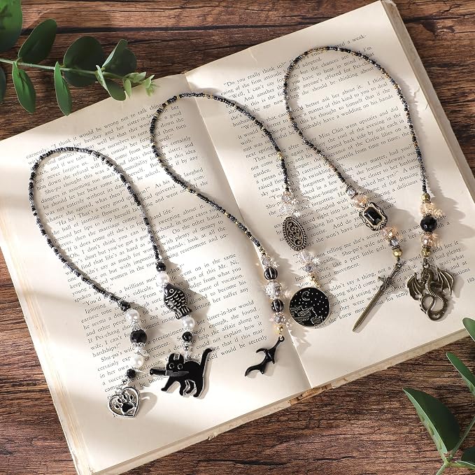 Crystal Moon Beaded Bookmark - Glass Seed Beads Fantasy Bookmark Gift for Women & Men, Black Chain Bookish Accessory for Readers and Book Lovers Students Teacher