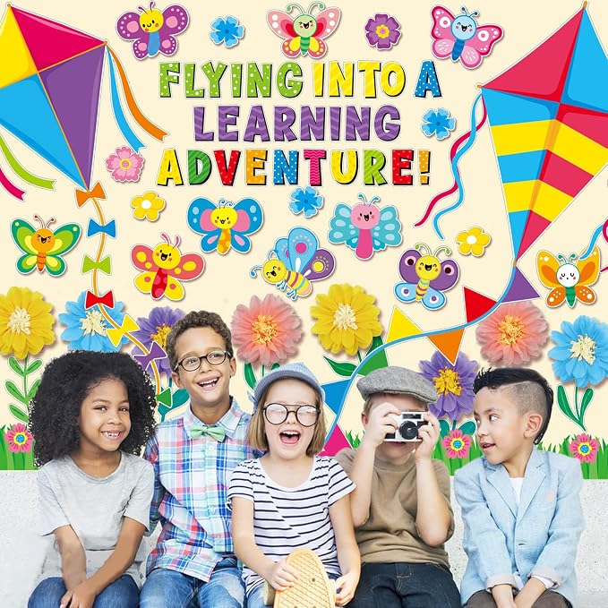 109 PCS Spring Bulletin Board Decorations Set Spring Flower Kite Cutouts with 3D Tissue Paper Pompoms Back to School Classroom Decor Colorful Floral Butterfly Decor for School Office Home Wall Supply