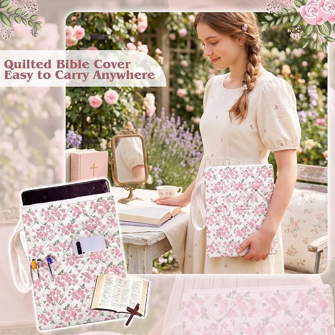 Gilprop Pink Floral Bible Book Sleeve with Zipper 11" x 9" Padded Protector Washable Quilted Book Covers Printed Bible Pouch with Handle Pockets Protector for Books Lover Christian Gifts