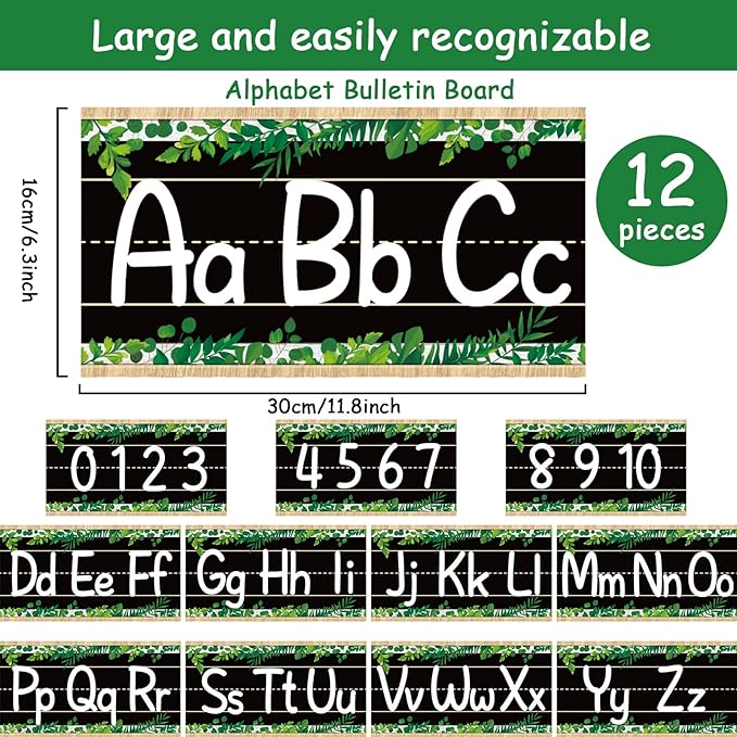 12 Pieces Alphabet Bulletin Board Strips Set Alphabet Line ABC Boho Banner & Number Border Posters for Preschool Kindergarten Classroom Playroom Bedroom (Simply Boho)
