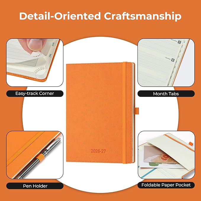 Weekly Monthly 2026-2027 Planner (July 26-Dec 27),8.5"x6.5",18 Months Agenda Plan with Month Tabs & Pocket,Expenses/Note Pages, Academic Calendar with Vegan Leather Cover,Orange