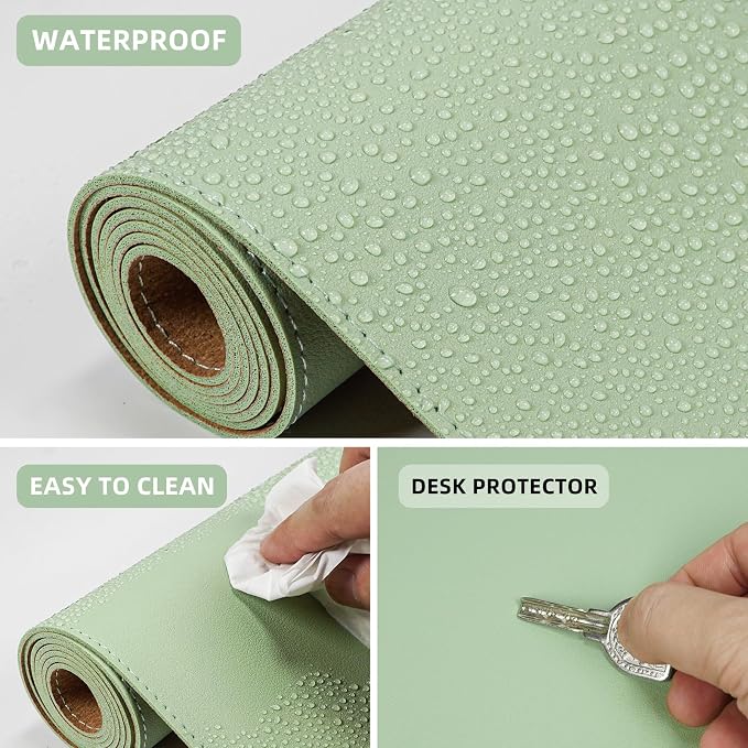 AFIING Leather Desk Pad Protector, Large Desk Mat with Natural Cork & PU Leather, Mouse Pad, Non-Slip, Waterproof Desk Writing Pad for Office and Home, Light Green