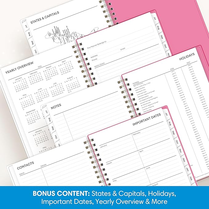 Blue Sky 2026-2027 Weekly and Monthly Academic Year Planner Calendar, July 2026 - June 2027, 5" x 8", Flexible Cover, Wirebound, Laminated Tabs, Roosevelt Pink
