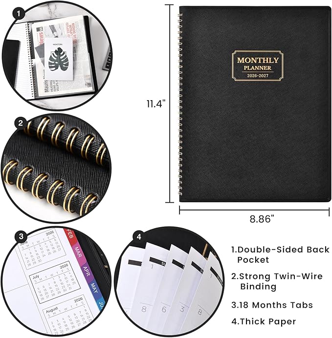 Monthly Planner 2026-2027 - Planner 2026-2027, Jul. 2026 - Dec.2027, 18 Monthly Planner with Colorful Tabs, 8.86" x 11.4", Saffiano Leather, Black Leather