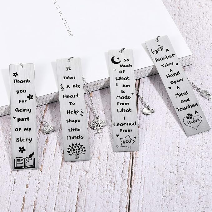 Zonon 4 Pcs Metal Bookmarks End of Year Teacher Gifts Graduation Book Page Marker with Pendants Thank You Gifts for Teacher Appreciation Women Instructor Birthday Reading Lovers Office(Stylish Style)