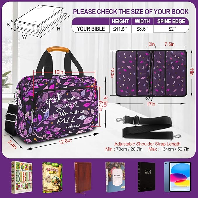Bible Cover Case for Women,Bible Carrier,Bible Holder,Large Bible Bag for Women Organizer,God is Within Her She Will Not Fall,Bible Study Supplies Kit With Highlighters,Tabs,Pens,Christian Gift Purple