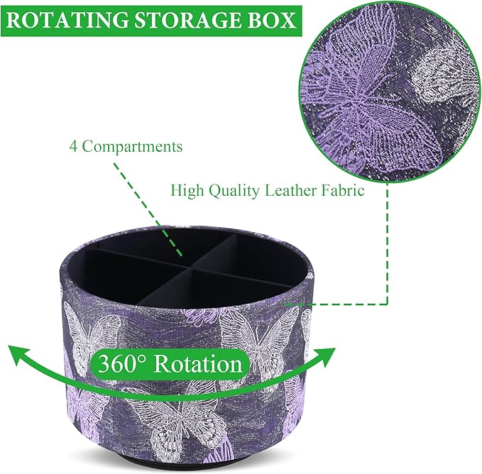 Round Leather Art Supply Organizer,Remote Control Holder,360-degree Rotating Pen Organizer with 4 Compartments(1-Butterfly Purple)