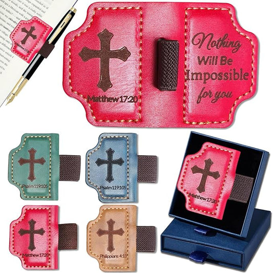 Bygone Mark Personalized Magnetic Leather Bookmark with Pen Holder,Inspirational Bible Verse Religious Bookmarks,Christian Book Lovers Reading Accessory for Men Women (RED, Matthew 17:20)