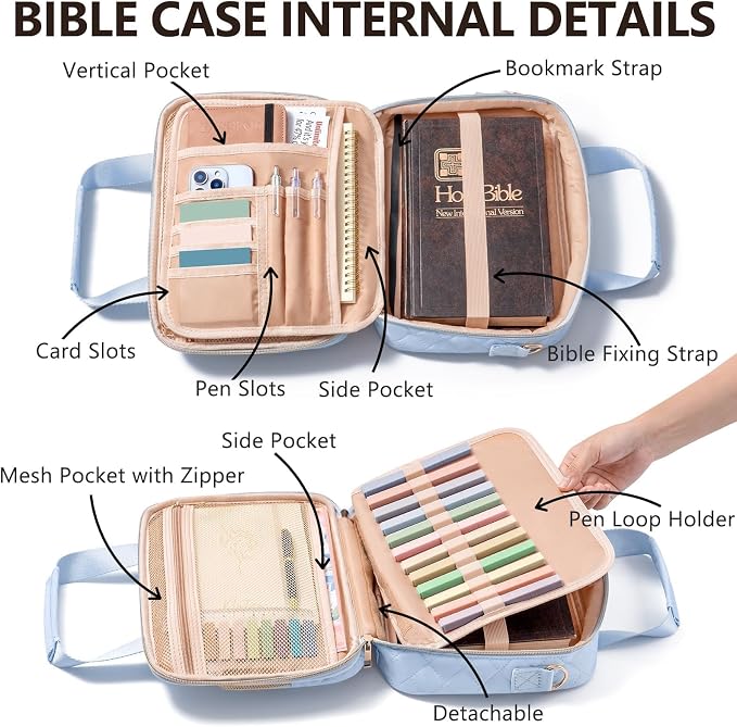 Bible Cover Case for Women, Large Bible Bag Bible Study Supplies Accessories Journaling Kit with Highlighters Tabs, Quilted Book Carrying Cases with Shoulder Strap, Christian Easter Gifts for Women