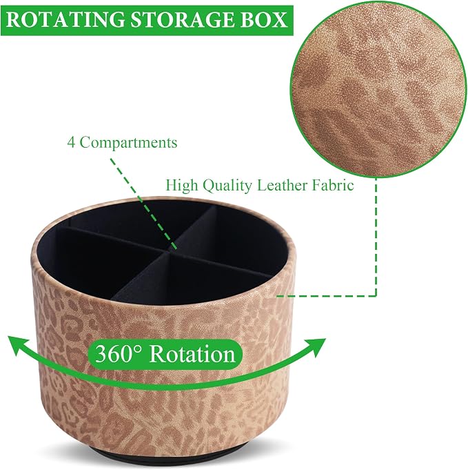 Round Leather Art Supply Organizer,Remote Control Holder,360 Degree Rotating,Multi-Functional Pencil Holder,4 Compartments Desktop Stationary Organizer(1-Leopard Brown)
