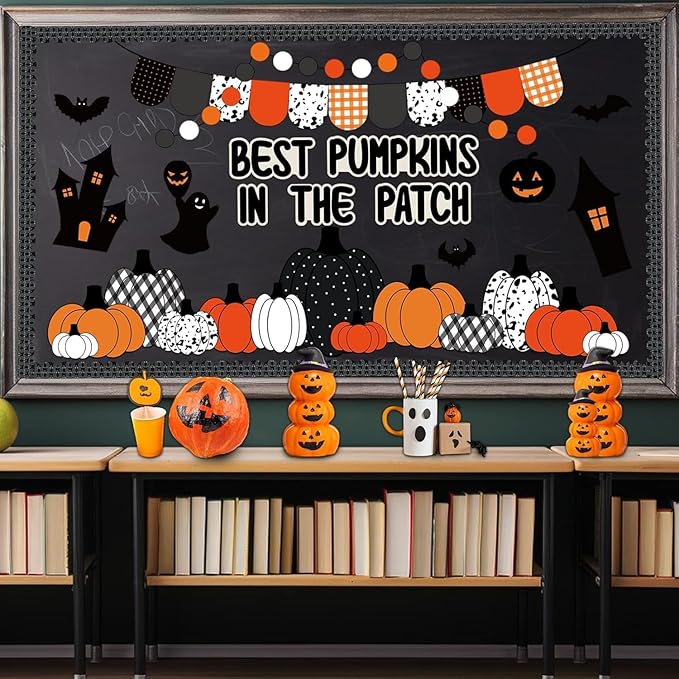 VABAMNA Halloween Fall Bulletin Board Decorations for Classroom, 95 Pcs Black Orange Autumn Pumpkin Patch Bat Paper Cutouts Borders Trim for Home School, Halloween Thanksgiving Harvest Party Supplies