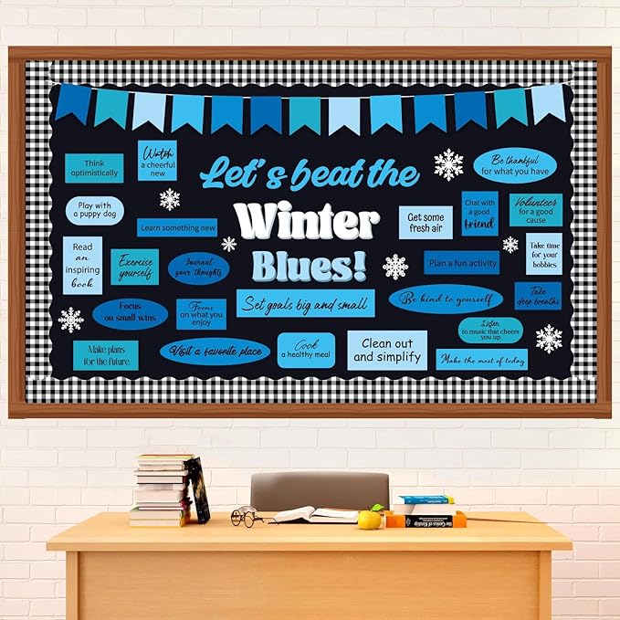 Funrous 63 Pcs Winter Mental Health Bulletin Board Set Motivational Classroom Decor Let's Beat The Winter Snowflake Paper Cutouts for Holiday Party School Classroom Home Wall Decor Supplies