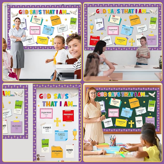 gisgfim Christian Bulletin Board Decorations God Says That I Am Religious Paper Cutouts Inspirational Quotes Classroom Wall Decor Bulletin Board Set for VBS Sunday School Church Bible Door Supplies
