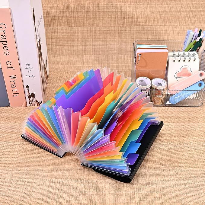 Receipt Coupon Holder Organizer, 25 Pockets Small Accordian File Organizer, Expanding File Folder with Colorful Tabs, A6 Size for Cards, Check, Tickets, Monthly Bills Storage (Black)