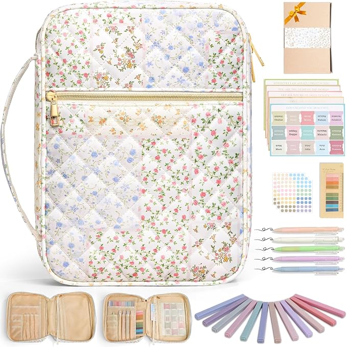 Large Quilted Bible Cover Case: Christian Birthday Gifts for Women Girls Mom Her Wife Floral Bible Bag with Multi Pockets 26Pcs Study Supplies Journaling Kit, Durable Book Carrying Cases Summer Gift