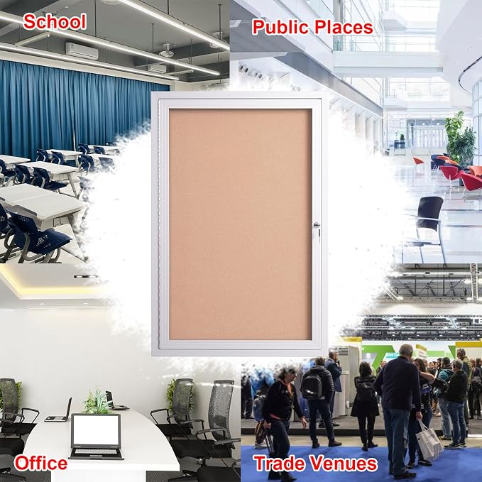 36×24 Inch Lockable Enclosed Bulletin Board, Weather-Resistant Outdoor Noticeboard with 2Locking Doors, Wall-Mounted Silver Aluminum Frame & Cork Presentation Board
