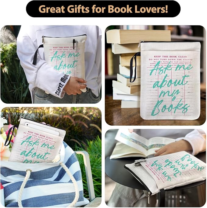 Ask Me About My Books Book Sleeve for Women Book Lovers, Library Card Pattern Bookcover Protector for Paperbacks with Handle & Pocket for Friends Librarian Bookish Book Club, Christmas Gifts