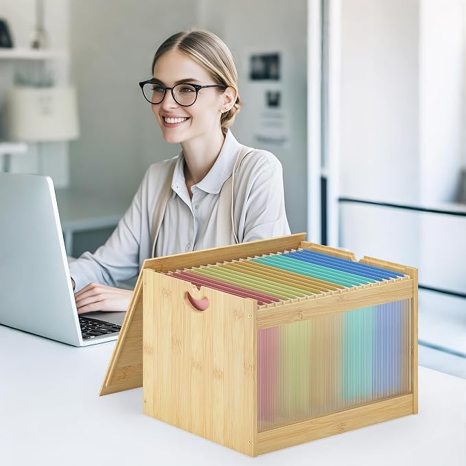 Hanging File Box Organizer for Letter Size 2 Pack, Bamboo Acrylic File Folder Storage with Lid Clear Wooden Moving Boxes Wood with Handle Desktop Filing Holder for Office Banker Document Nature