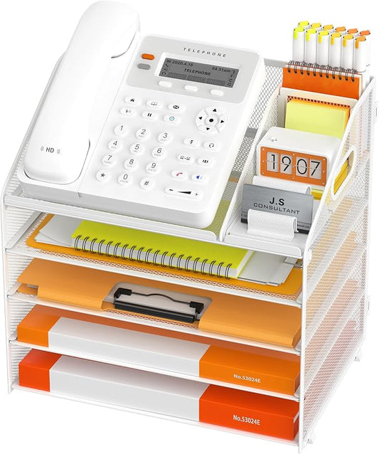 DocNest 5 Tier Metal Mesh Letter Tray - Space Saving Desk File Organizer with Handle, Pen Holder & Folder Holder - Desktop Document Sorter for Office, Home, School, Classroom - White