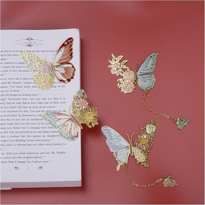 4 Pack Metal Butterfly Bookmarks, Aesthetic Vintage Bookmarks with Chain Cute Funny Bookmark, Unique Gifts Book Markers for Book Lovers/Women Writers Readers