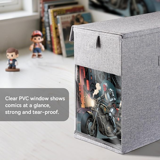 4 Pack Comic Book Storage Box with Lid, Collapsible Magazine Organizer with Clear Window, Heavy Duty Case Container Holder, Grey