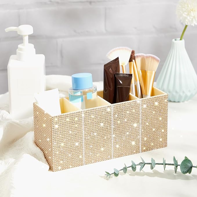 Bling Makeup Brush Organizer for Women, Rhinestone Desk Organizer Pen Holder, Girly Eyeliners Display Case for Vanity, Office, Elevate Your Workspace with Serenity(Rhinestone, Champagne)