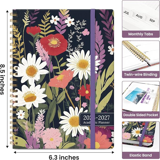 Planner 2026–2027, Academic Year Monthly & Weekly Calendar Book, Jul 2026–Jun 2027, Hardcover Organizer with Tabs, Student & Teacher Planner, 6.3" x 8.5", Wild Bloom