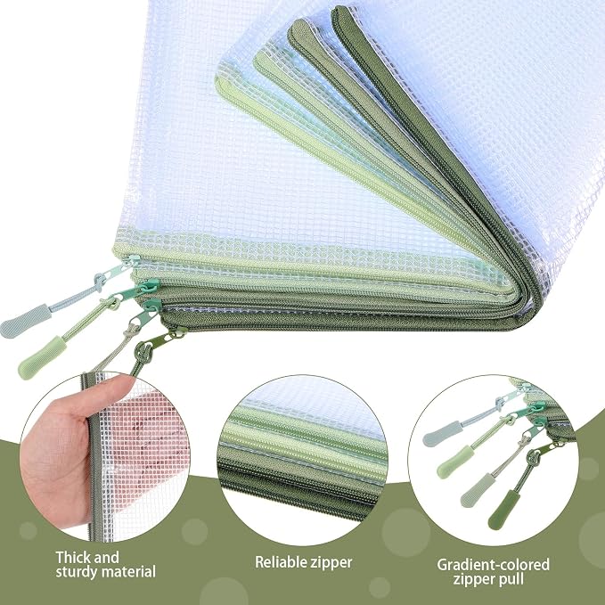 Feifeiya 24 Pack Sage Green Mesh Zipper Pouch Bags, A4 Size Clear Mesh Zipper Storage Bag Bulk for School Office Organization