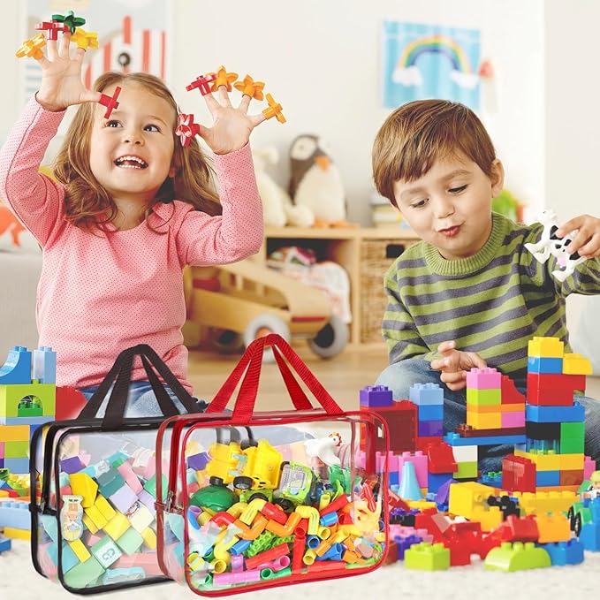 9 Packs Toy Storage Bags with Labels, 11.8x8.7x3.9In Large PVC Reusable Clear Board Game Storage with Zipper, Travel Waterproof Organizer Bags for Building Blocks, Puzzle, Books, Stationery