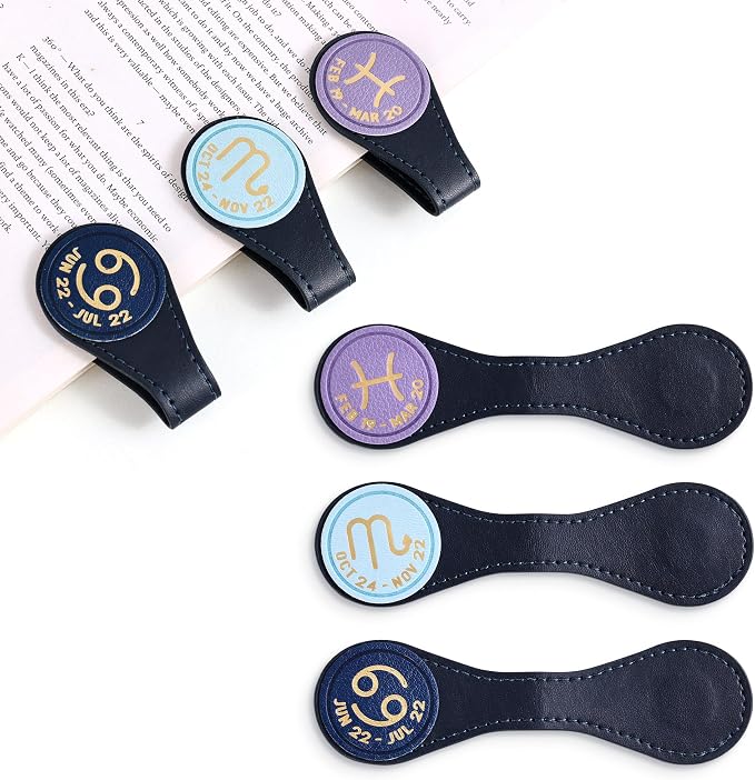3 PCS Leather Magnetic Bookmark Clips, Zodiac PU Leather Bookmarks for Book Lovers, Full Set of Book Clip Accessories, Water Sign