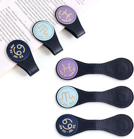 3 PCS Leather Magnetic Bookmark Clips, Zodiac PU Leather Bookmarks for Book Lovers, Full Set of Book Clip Accessories, Water Sign