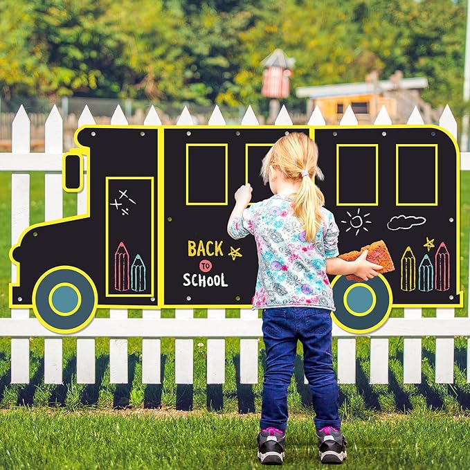 MotiMind 3 Pcs Giant Outdoor Chalkboard for Kids Suitable Indoor and Outdoor Use, Weatherproof Large Black Chalkboard Panels for Wall Back to School Decorations (School Bus)