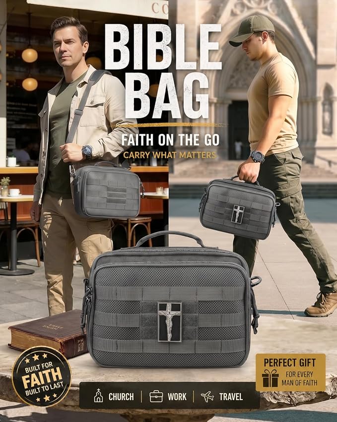 RXW Large Bible Cover Bag for Men Women, Tactical Bible Carrying Case Fully Padded of Double Layer Design, Utility Church Bag Organizer with Shoulder Strap for Tablet Art EDC, Christian Gifts for Mom