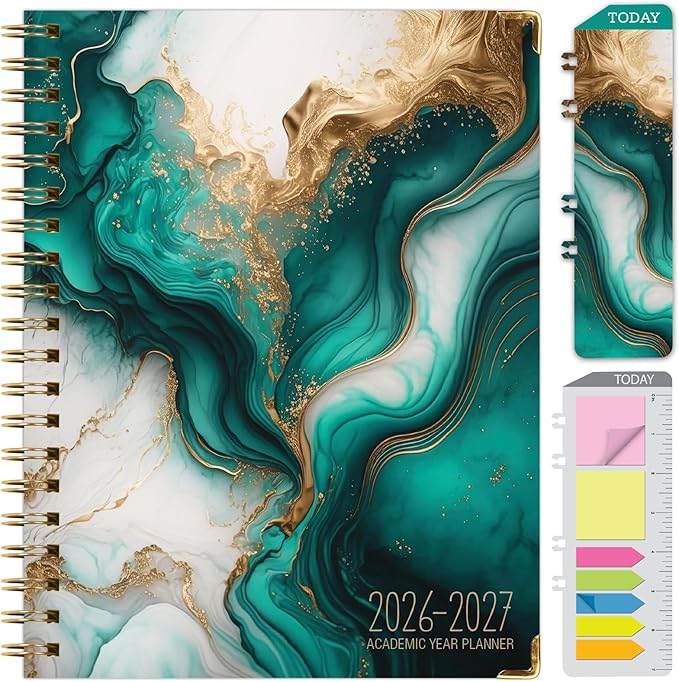HARDCOVER Academic Year 2026-2027 Planner: 14 Months (May 2026 Through June 2027) 8.5"x 11" Daily Weekly Monthly Planner Yearly Agenda. Bookmark, Pocket Folder and Sticky Note Set (Teal Gold Marble)
