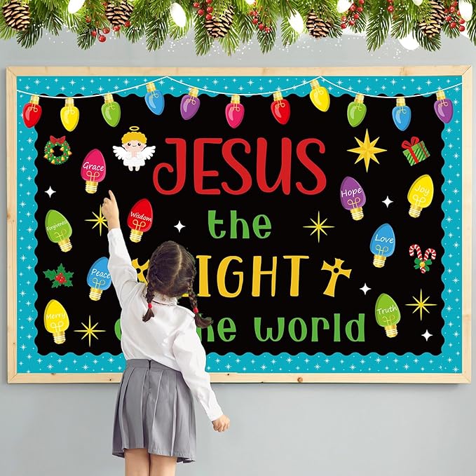 82 Pcs Christmas Religious Bulletin Board Decorations Colorful Light Bulb Jesus the Light of the World Cutouts Xmas Christian Faith Bulletin Board for Sunday School Classroom Decoration