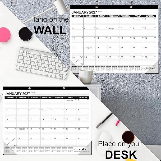 GuassLee Large Desk Calendar 2026, 3 Packs, 19 Months from Jun. 2026 to Dec. 2027, 22" x 17" Desk/Wall Calendar Hanging Planner with Julian Date, Notes, Corner Protectors for School Home Office