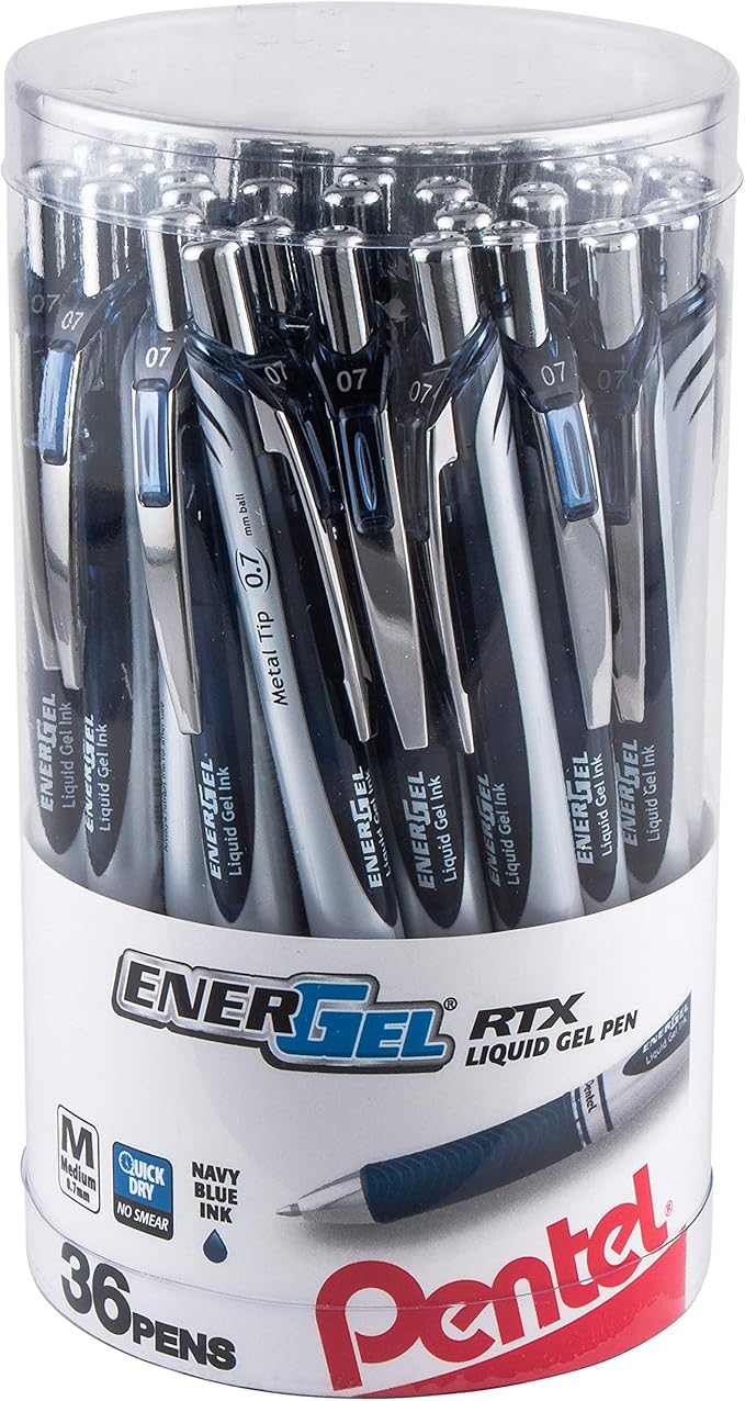 Pentel EnerGel RTX Retractable Liquid Gel Pen Canister, Navy Blue Ink (BL77PC36CA) (Pack of 1, 36 Count Total)