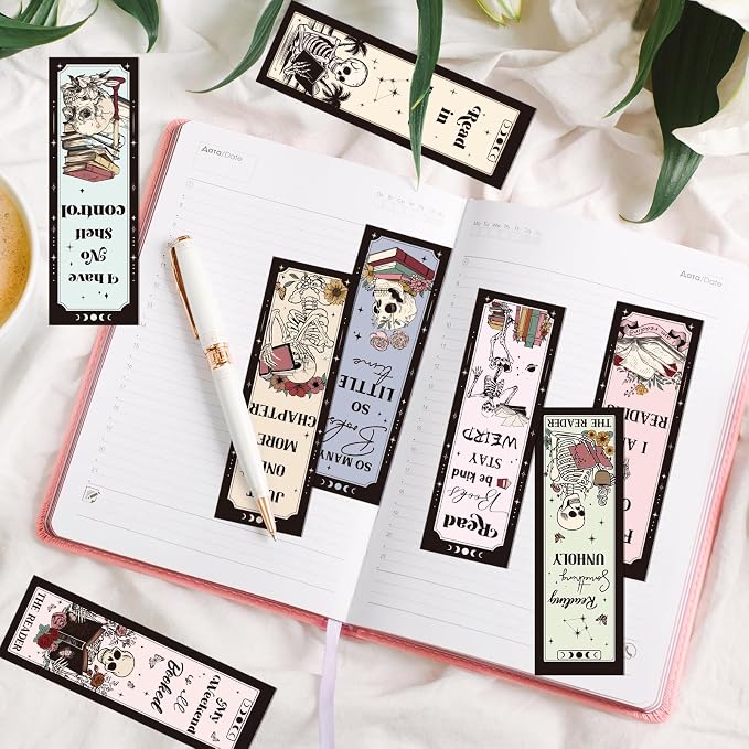 Wxiben Skeleton Flower Bookmarks Gifts - 40 Pcs Skeleton Reading Book Marks Gothic Skull Floral Book Markers Clip Double Sided Bookmarks for Women Bookish Bookworm Students Teachers Reader Club Gift
