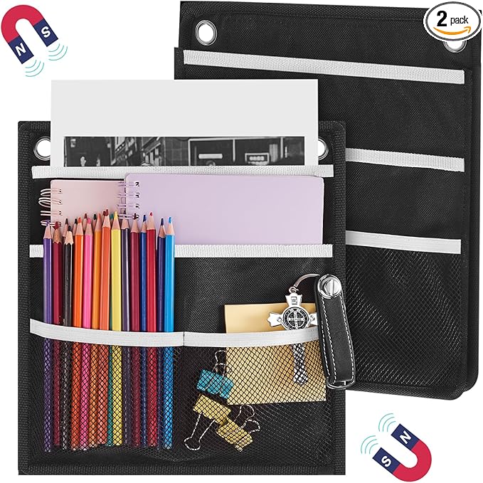 Henoyso 2 Pcs Magnetic Locker Organizer File Holder 4 Compartments Magnetic Paper Holder 3 Tier Storage Letter File Pocket for Documents Mails Fridge Whiteboard Office (Black)