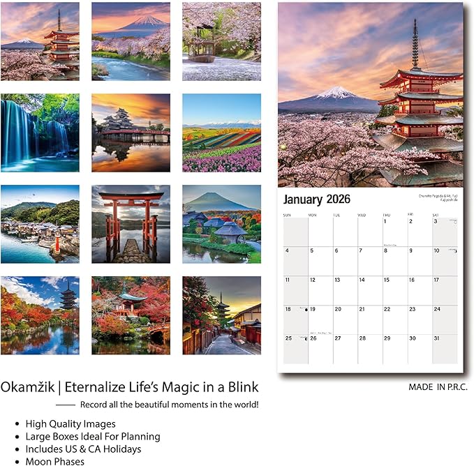 Wall Calendar 2026 Planner Calendar - Japan Hangable Monthly Wall Calendar with Large Blocks for Organizing & Planning, Academic Schedule, Home, Office & Family, Thick & Sturdy Paper (12"x24" Open)