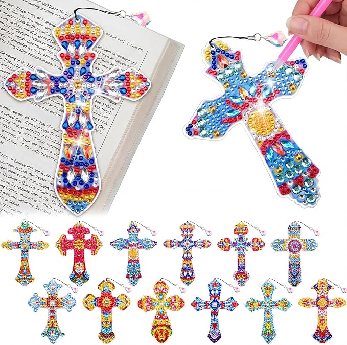 Tenceur 12 Pcs Diamond Painting Bookmarks Vbs 2026 Crafts Gifts 5d Diamond Art Bookmark Kits Rhinestone Bookmark for Sunday School Craft Kit and Christian DIY Arts(Stylish Cross)