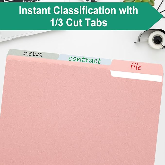 pmybupo Pink File Folders with Tabs –Colored File Folders,1/3 Cut Top Tabs,Letter Size,Durable 11pt Paper,Two Tone, Assorted Colors,Bulk 100 Pack