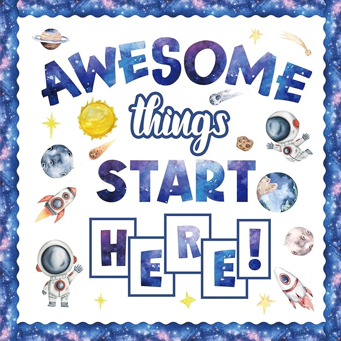 FYSUIMU 52 Pcs Outer Space Bulletin Board Decoration Set Awesome Things Start Here Cutouts Galaxy Astronaut Inspirational Paper Cutting with Glue Points for Back to School Party Classroom Wall